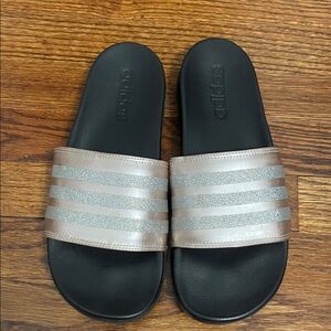 Adidas Black and Glittery Silver Slides